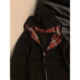 Shopmocho Grid Splicing Hooded Sweatshirt Women's Loose Versatile Zipper Cardigan Jacket Spring Autumn Long Sleeved Versatile Coat Top