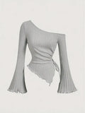 SHOPMOCHO women's New off shoulder cross long sleeved slim fit casual street style asymmetrical elegant T-shirt trumpet sleeve top