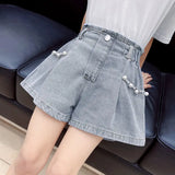 SHOPMOCHO Summer Girls Denim Shorts Korean Fashion New Children's Pleated Jeans 4-12Years Teens Girls Short Jeans Pearl Decoration