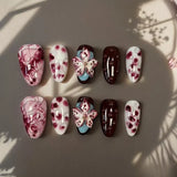 Shopmocho 10Pcs Red Handmade Nails 3D Carved White Flower Fake Nails Mid-Length Almond Shape Press on Nails Spotting Design Manicure Arts