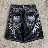 SHOPMOCHO Y2K Baggy Denim Jorts White Tribal Embroidery Wide Leg Jean Shorts Gothic Hip Hop Streetwear