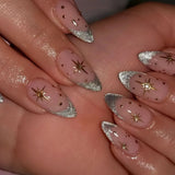 Shopmocho 24pcs Short Almond False Nail Art Starlight Rhinestone Design Nails Tip Green Full Cover Nail Set Datachable Press on Fake Nails