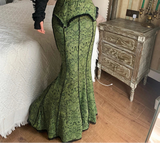 SHOPMOCHO Vintage Fashion Elegant Green Trumpet Long Skirt Graphic Printed Lace Trim Y2K High Waist Skirt Women 2000s Aesthetic