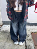 SHOPMOCHO Stylish Chic Elegant Embroidered Patchwork Jeans Women Vintage Washed Draping Denim Straight Loose Fit Slimming Versatile Pants
