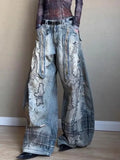SHOPMOCHO Large Size American Street Retro Washed Distressed Curved Knife Jeans Wide Leg Denim Loose Sickle Pants Y2k Baggy Jeans Woman
