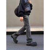 SHOPMOCHO American high street washed black jeans for men stylish and straight cut slim fit elastic micro flared pants