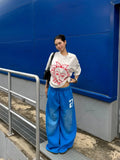SHOPMOCHO Y2K Harajuku Blue Casual Hip-Hop Retro Sweatpants Street Pants Rock Roll Women's Trendy Oversized Washed Loose Wide-Leg Pants