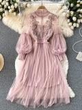 Shopmocho Ladies Dress Three-dimensional Flower Hook Mesh Temperament Stand Collar Lantern Sleeve High Waist Slim Female Dresses