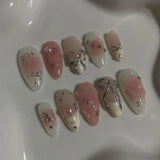 Shopmocho 24pcs Sweet False Nail Patches Detachable Fake Nail Tips With Bowknots Love Heart Pearl Design Pink Almond Korean Press On Nail