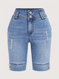 SHOPMOCHO Ladies' Blue Double-Buckle Waist Slim Fit Jeans