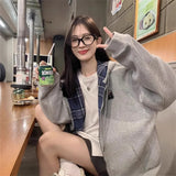 Shopmocho Retro American Plaid Splicing Hoodie Women's Spring Autumn New Oversize Loose Lazy Style Open Cardigan Coat Polyester Fiber