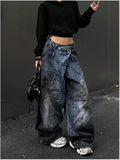 SHOPMOCHO Blue Womens Jeans High Waist Vintage Design Hip Hop Straight Baggy Denim Pants Street Y2K American Style Wide Leg Denim Trouser