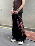 Shopmocho Y2K Fashion Street Jeans Harajuku Hip Hop Retro Loose Red Stripe Printing Baggy Jeans Denim Pants Men Women Gothic Wide Trousers