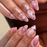 SHOPMOCHO 24pcs French Almond Press on Nails Blue False Nails Star Pattern Wearable Stick-on Nails Fake Nail Uñas Накладные Ногти 네일팁