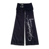 SHOPMOCHO 2026 High Street Gothic Y2K Womens Vertical Stripe Flare Pants Fold Over Cursive Script Print Cuffed Hem Alt Streetwear Trousers