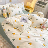 Shopmocho Ins Style Duvet Cover Set with Flat Sheet Pillowcases Cute Orange Cherry Crow Printed Single Double Queen Size Girls Bedding Kit