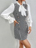 Shopmocho Sexy Temperament New Color Contrast Print Casual Summer Bow Tie Slim Long-sleeved Dress
