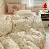 SHOPMOCHO Fashion Floral Duvet Cover Set with Flat Sheet Pillowcase No Filler Girls Twin Full Queen Size Korean Soft Bedding Set