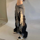 SHOPMOCHO American Y2K Street Color Stitching Washed Jeans Female Y2K Harajuku Hip Hop Popular Baggy Slim Spice Girl Wide-leg Mop Pants