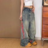 SHOPMOCHO Autumn And Winter Korean Fashion Women'S Straight Leg Jeans With Side Stripes Wide Leg Pants Casual Pants Blue Jeans
