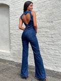 Shopmocho TARUXY Backless Heart Cutout Bodycon Jumpsuit For Women Casual Sleeveless Slim One-Piece Outfits Retro Denim Jumpsuits New 2025