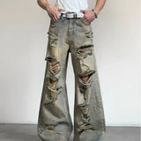 SHOPMOCHO Men's Jeans Washed Ripped Denim Pants Summer Straight Leg Distressed Hip Hop Streetwear Man Pants Vintage Baggy Retro