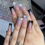 Shopmocho 24pcs Duckbill Shaped Fake Nails Gold Butterfly Rhinestone Design False Nail Tips Wearable Full Cover French Press on Nails