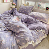 SHOPMOCHO Puple Flower Printed Duvet Cover with Lace Double-layered Yarn housse de couette 220x240 Single/Queen/King Size Comforter Cover