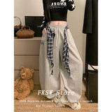 SHOPMOCHO Women Baggy Drawstring Pants Gray Long Trousers Wide Fit Pants Y2k Harajuku Japanese Loose American Retro Hip-pop Sweat Pants
