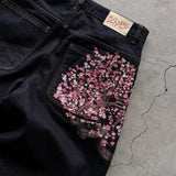 SHOPMOCHO Y2K Baggy jeans Cherry Blossom Selvedge Embroidery Denim Pants men women denim fabric American Hiphop Streetwear Wide Leg Jeans