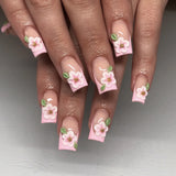 Shopmocho 24pcs Fresh Long Coffin Fake Nails Yellow French Style Flower Printed Metal Butterfly Designs Press On Nails Summer False Nail