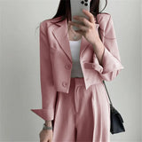 SHOPMOCHO Korean OL Short Suits Sets Women Casual Loose Crop Blazers Jackets Conjunto New High Waist Wide Leg Pants Ensemble Offcie Outfit