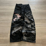 SHOPMOCHO New Black Wide Leg Denim Jeans Men Dragon Print Cherry Blossom Embroidery Vintage Washed Loose Harajuku Streetwear Casual Pants
