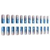Shopmocho 24pcs Y2k Summer Sea Blue Gradient Fake Nails With Water Ripples Designs Long Square Coffin False Nails Set Press On Nail Tips