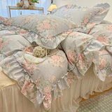 SHOPMOCHO 2/3Pc Korean Princess Style Floral Ruffles Bedding Set Single Queen Size Soft Skin-friendly Washed Cotton Duvet Cover Pillowcase