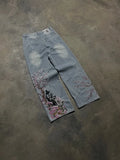 SHOPMOCHO American New Fashion Vintage Cherry Blossom Pattern Embroidered Blue Jeans Women Y2K Street Wild Straight Wide-leg Trousers