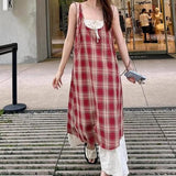 Shopmocho Women Plaid Fake Two Piece Suspender Dress Women Summer Retro Loose Long Dress
