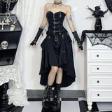 Shopmocho Goth Streetwear Gothic Skirt Women Harajuku Emo Alternative Grunge High Waist Bandage A-line Skirts Y2k E-girl Indie Clothes