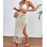 Shopmocho Women Knitted Texture Sarong Skirts Sexy High Slit Tassel Cover-Up Beach Summer Vacation Wrapped Skirt Bikini Cover Up