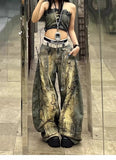 SHOPMOCHO American Retro Washed Denim Jeans washing old hand-painted graffiti printed jeans Fashion Loose Casual Wide Leg Jeans