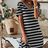 Shopmocho Summer women's loose striped printed long dress with slits on both sides and V-neck