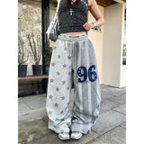SHOPMOCHO  Women Gray Star Stamp Baggy Wide Leg Sweatpants American Embroidery Pants Harajuku 2000s Style Vintage Y2k Dance Trouse