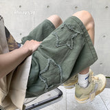 SHOPMOCHO Star Patchwork Shorts Men Vintage Denim Summer Basic Simple All-match Hot Sale High Waist Leisure Ulzzang Streetwear Chic Shorts