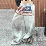SHOPMOCHO Y2K College American Hip-hop Goth Print Drawstring Wide Leg Sweatpants Loose 90s High Street Sports Trousers Floor Length Pants