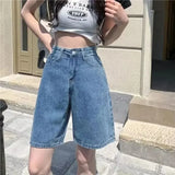 SHOPMOCHO American Retro High Waist Denim Shorts Women Summer Slim Straight Leg Casual Student Versatile Wide Leg Five-Point Pants