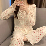 SHOPMOCHO Floral Long Sleeve Fitting Sleepwear Two-piece Set Spring Autumn Lace Trim Cotton Pajama Women Cute Casual Outable Home Suit Set