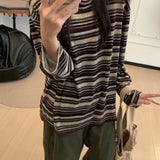 Shopmocho Long Sleeve Striped Korean Style Loose Women's T-shirt Polyester Fiber round Neck Casual Slimming Top for Early Autumn