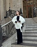SHOPMOCHO American Fashionable V-neck Lapel Furry Sleeves Lace-up Long-sleeved Woolen Coat Elegant Lace-up Long-sleeved Wool Coat