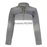 SHOPMOCHO Women Fashion Denim Jacket Y2K Aesthetic Vintage Sexy Crop Tops Coat Japanese Harajuku Streetwear Female Spring Summer Outerwear