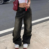 Shopmocho Low Waist Jeans for Women Goth Y2k Style Baggy Jeans Punk New Jeans Wide Leg Denim Pants Kpop Casual Loose Streetwear